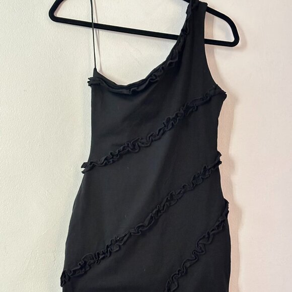 More To Come One-Shoulder Black Mini Dress – Ruffle Trim - Size Small - Picture 1 of 5